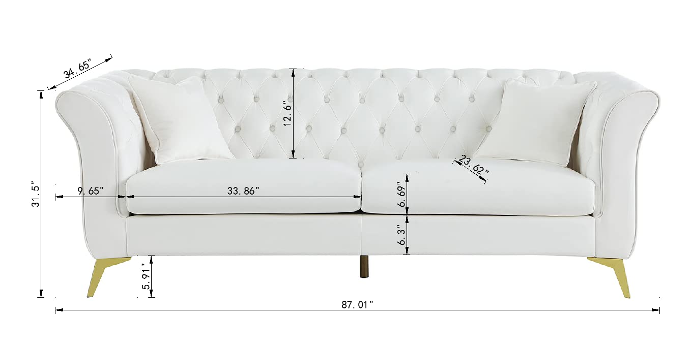 KEVINSPACE 87" Velvet Sofa Traditional Couch Chesterfield Sofa for Living Room, 3 Seater Modern Sofa Tufted Upholstered Couch with 2 Pillows, Furniture for Apartment Bedroom,Office White