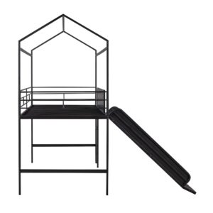 Harper & Bright Designs Twin House Loft Bed Metal House Bed Frame with Slide and Chalkboard, Low Loft Beds with Guardrail and Ladder, Twin Size Loft Bed for Kids Teens Girls Boys (Black)