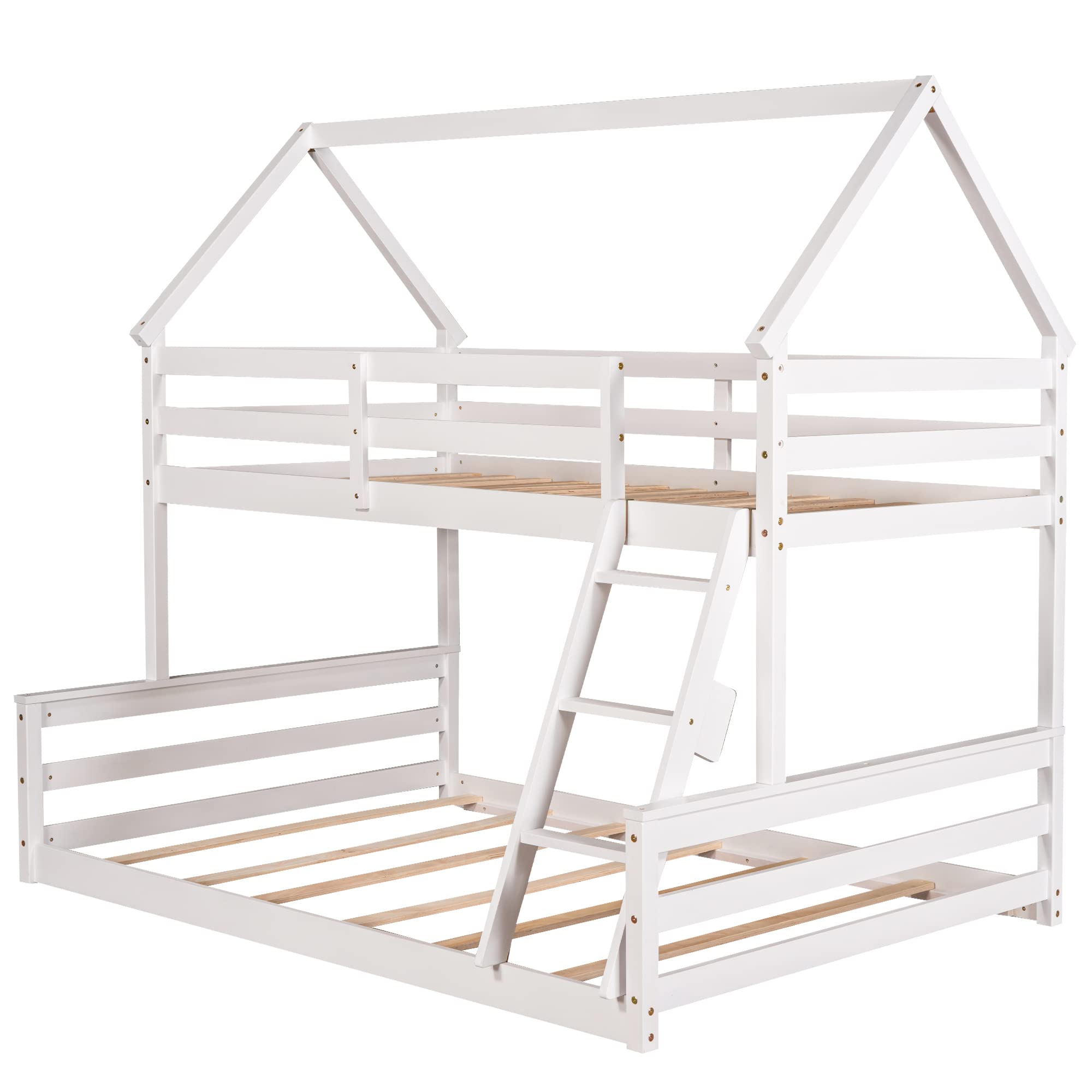 Merax Wood Bunk Bed with Ladder Twin Over Full,Montessori Low Bunk Bed for Boys, Girls Space-Saving,No Box Spring Needed White