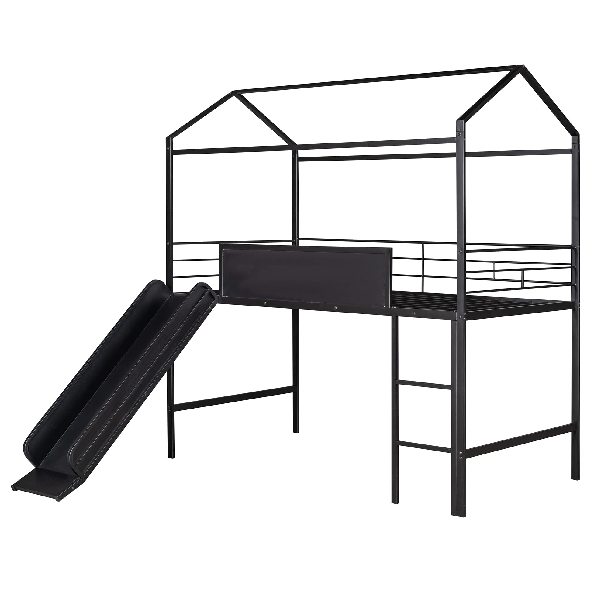 Harper & Bright Designs Twin House Loft Bed Metal House Bed Frame with Slide and Chalkboard, Low Loft Beds with Guardrail and Ladder, Twin Size Loft Bed for Kids Teens Girls Boys (Black)