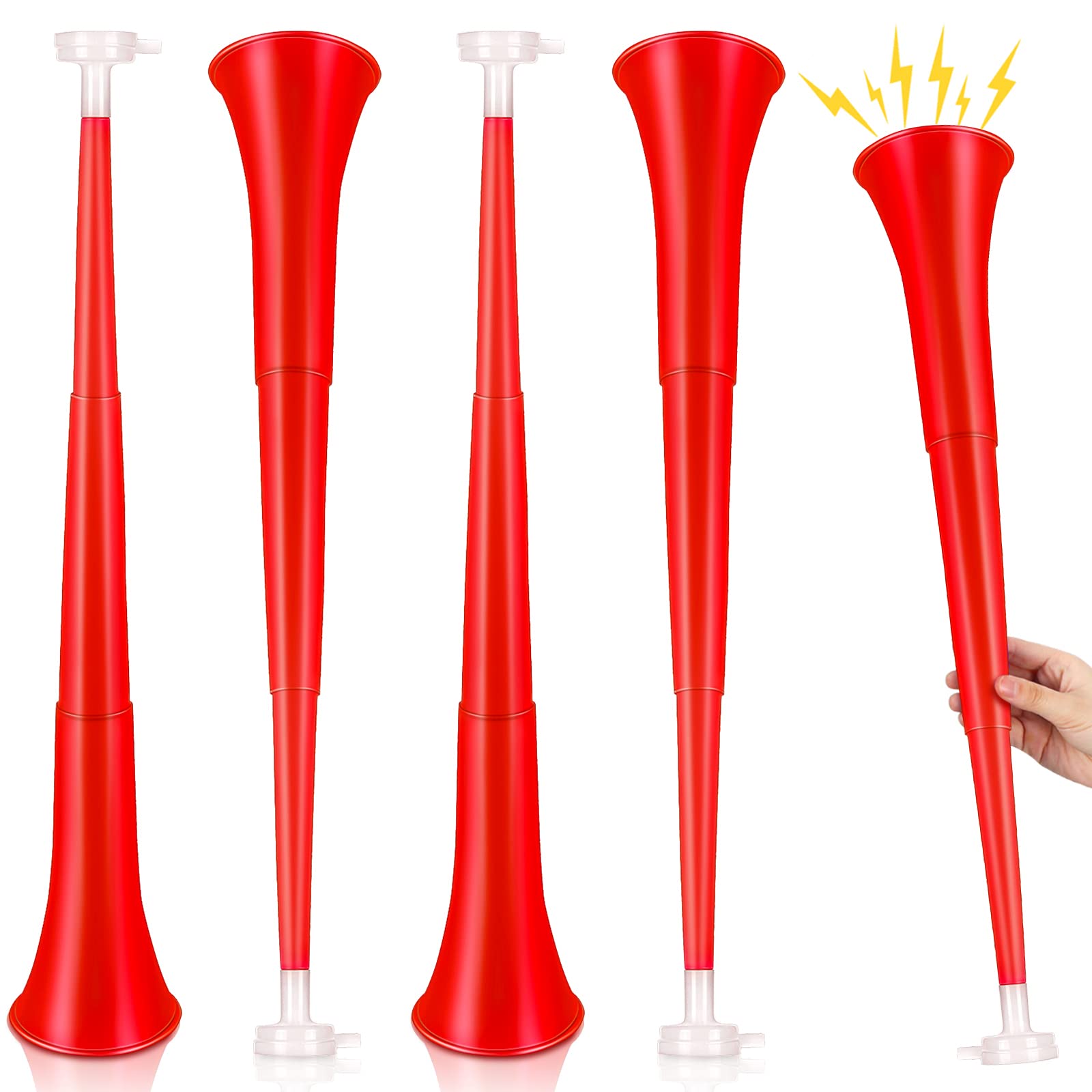 4 Pieces Collapsible Stadium Horn 24 Inch Vuvuzela Plastic Trumpet Horn Blow Horn Noisemakers for Sporting Events Graduation Games School Sports Party Supplies Favors Accessories (Red)