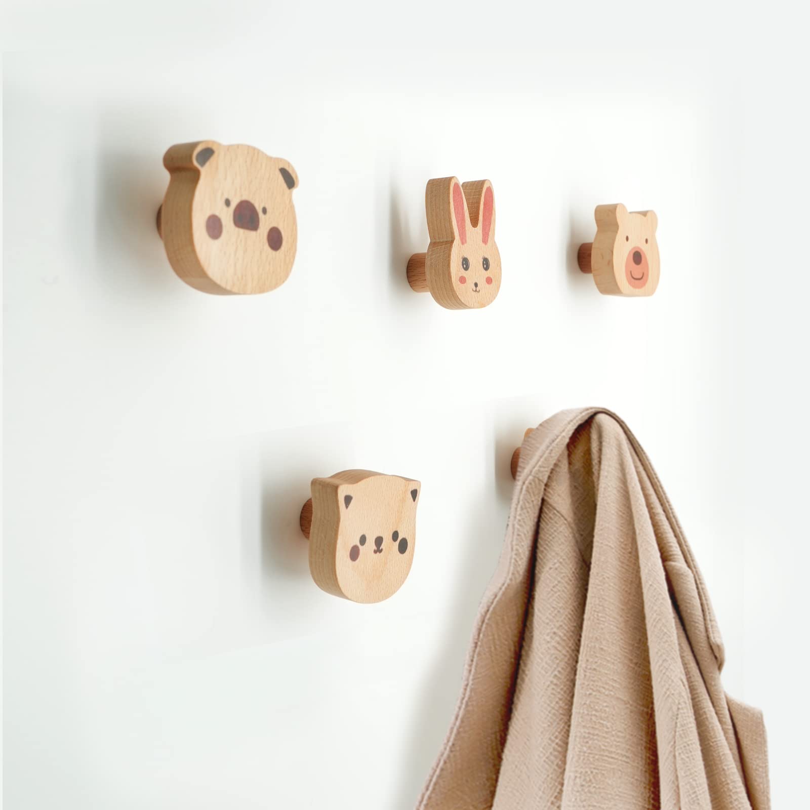 WONQEXZ Wall Hook,Child Baby Nursery Wood Wall Hook,Natural Colorful Animal Coat Hooks,Wooden Hooks,Children Wall Mounted Hook,Set of 5