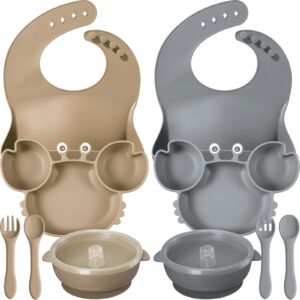 10 pcs baby led weaning supplies, silicone baby feeding set with divided plate adjustable bib suction bowl soft spoon fork, toddler self eating utensil set (khaki, dark gray)