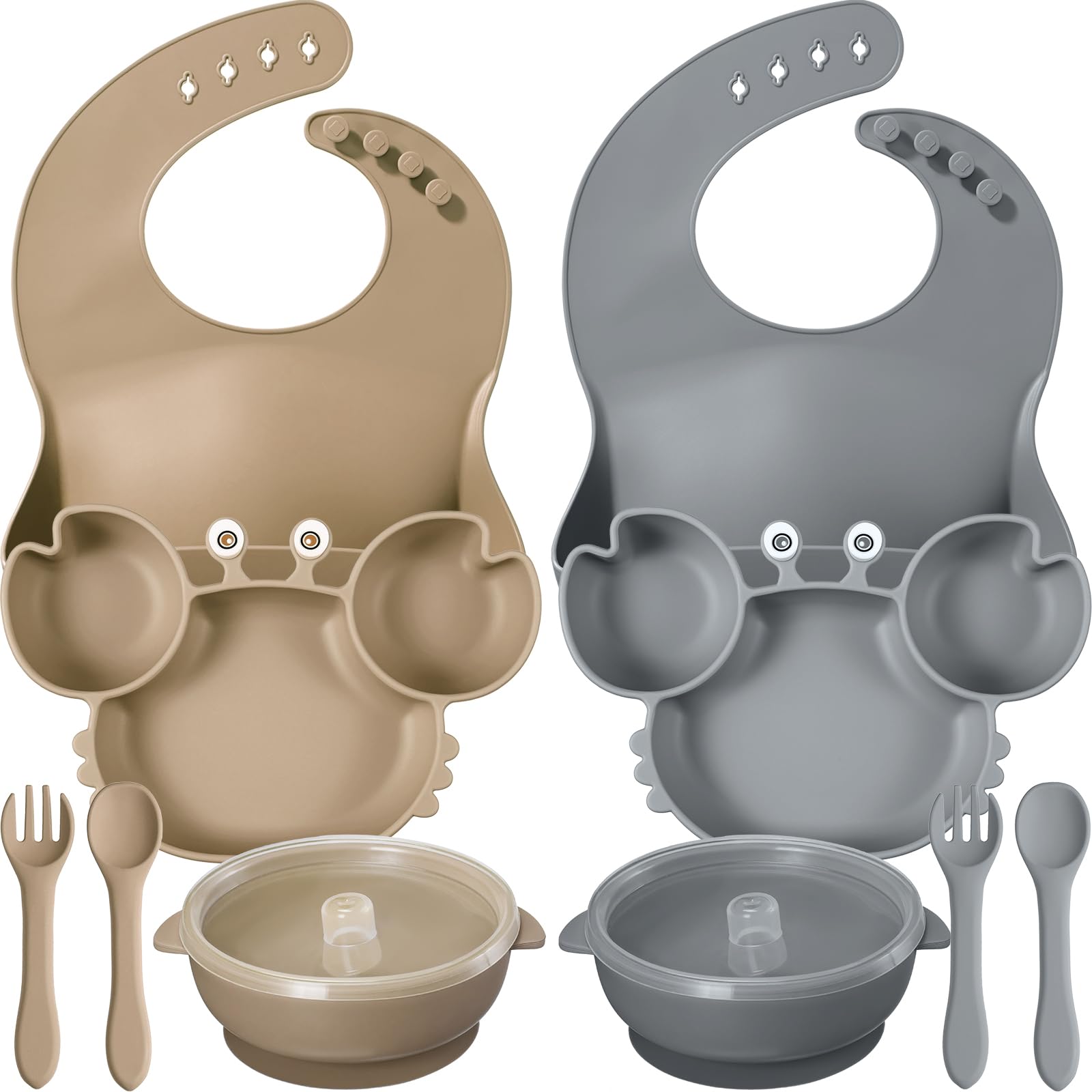 10 Pcs Baby Led Weaning Supplies, Silicone Baby Feeding Set with Divided Plate Adjustable Bib Suction Bowl Soft Spoon Fork, Toddler Self Eating Utensil Set (Khaki, Dark Gray)