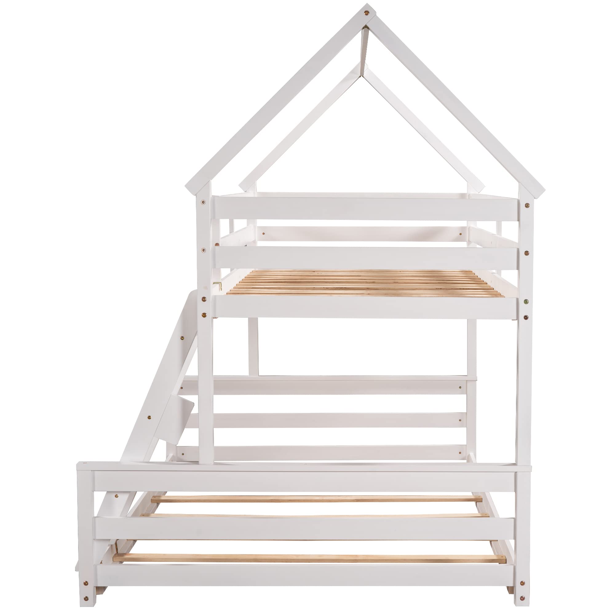 Merax Wood Bunk Bed with Ladder Twin Over Full,Montessori Low Bunk Bed for Boys, Girls Space-Saving,No Box Spring Needed White