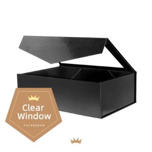 PACKQUEEN Large Black Gift Box with Window, 13.5x9x4.1 Inches Clear Gift Box for Present Contains Ribbon, Card, Groomsman Proposal Box, Extra Large Gift Box with Magnetic Lid (Glossy Black)