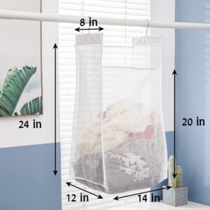 Jelier Hanging Breathable Mesh Laundry Hamper Basket,Portable Heavy Duty Hanging Laundry Bag with Two Hangers (white)