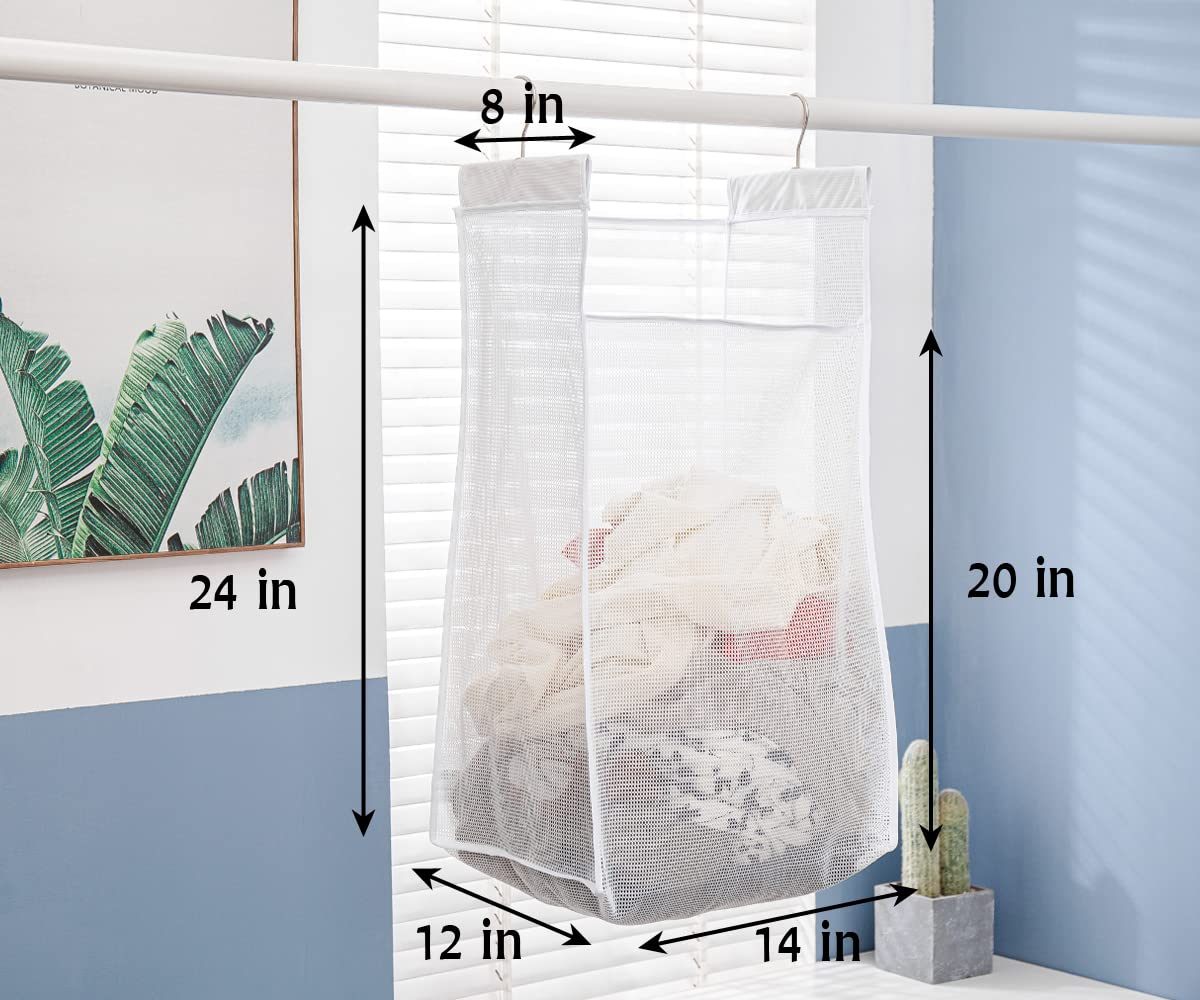 Jelier Hanging Breathable Mesh Laundry Hamper Basket,Portable Heavy Duty Hanging Laundry Bag with Two Hangers (white)