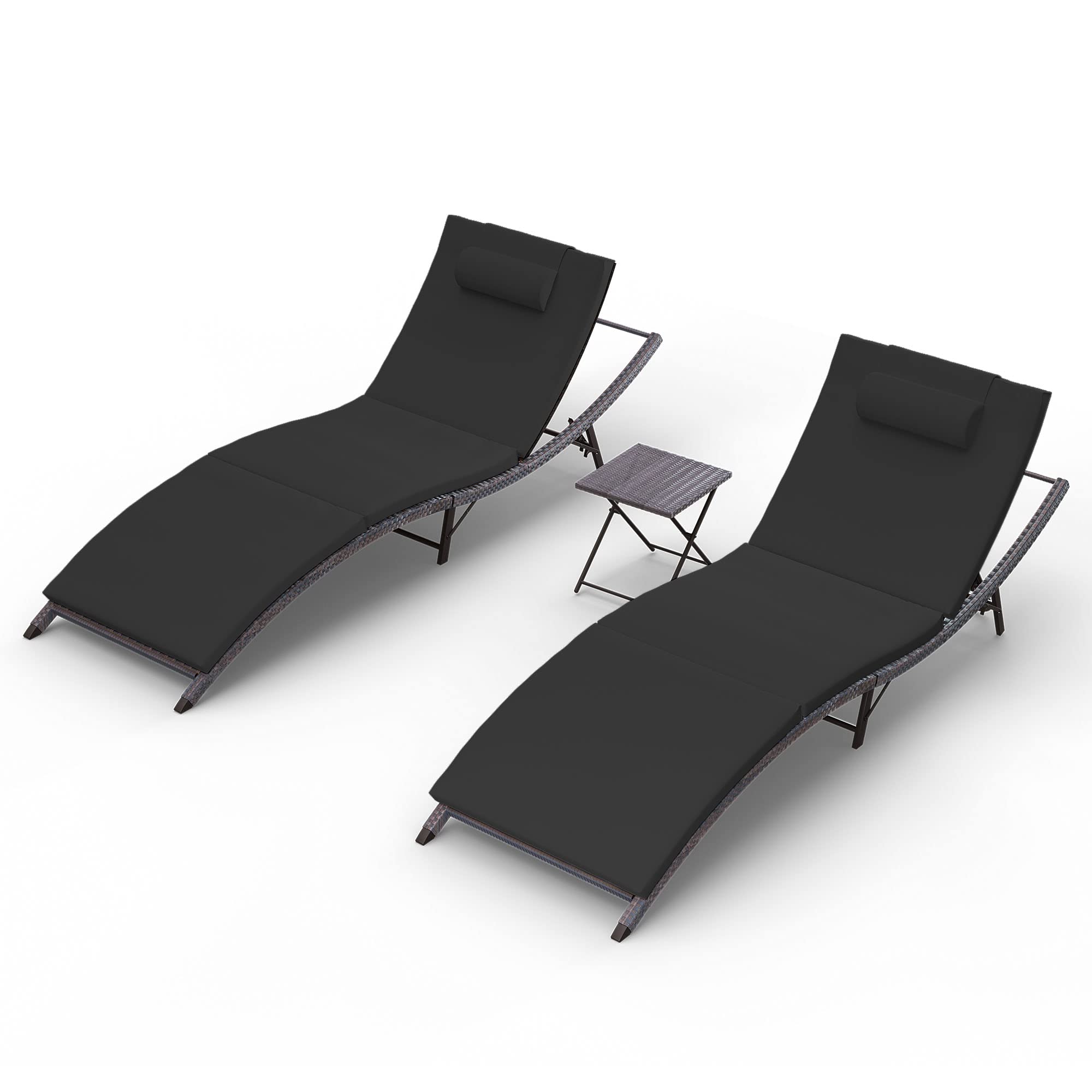 RTDTD 3 Pieces Patio Chaise Lounge Set Outdoor PE Rattan Lounge Chair Adjustable Backrest Reclining Chair with Folding Table and Cushion for Patio Poolside Backyard Porch Beach(Black)