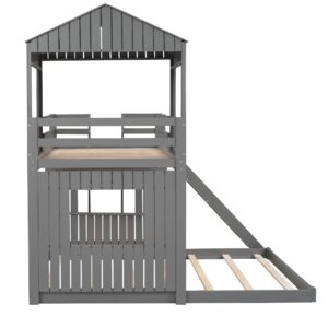 Harper & Bright Designs Twin Over Full Bunk Beds with House Shape, House Bunk Bed with Roof, Window & Slide, Twin Over Full Farmhouse Bed Frame for Kids Girls Boys Teens (Grey)