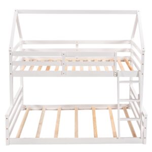 Merax Wood Bunk Bed with Ladder Twin Over Full,Montessori Low Bunk Bed for Boys, Girls Space-Saving,No Box Spring Needed White