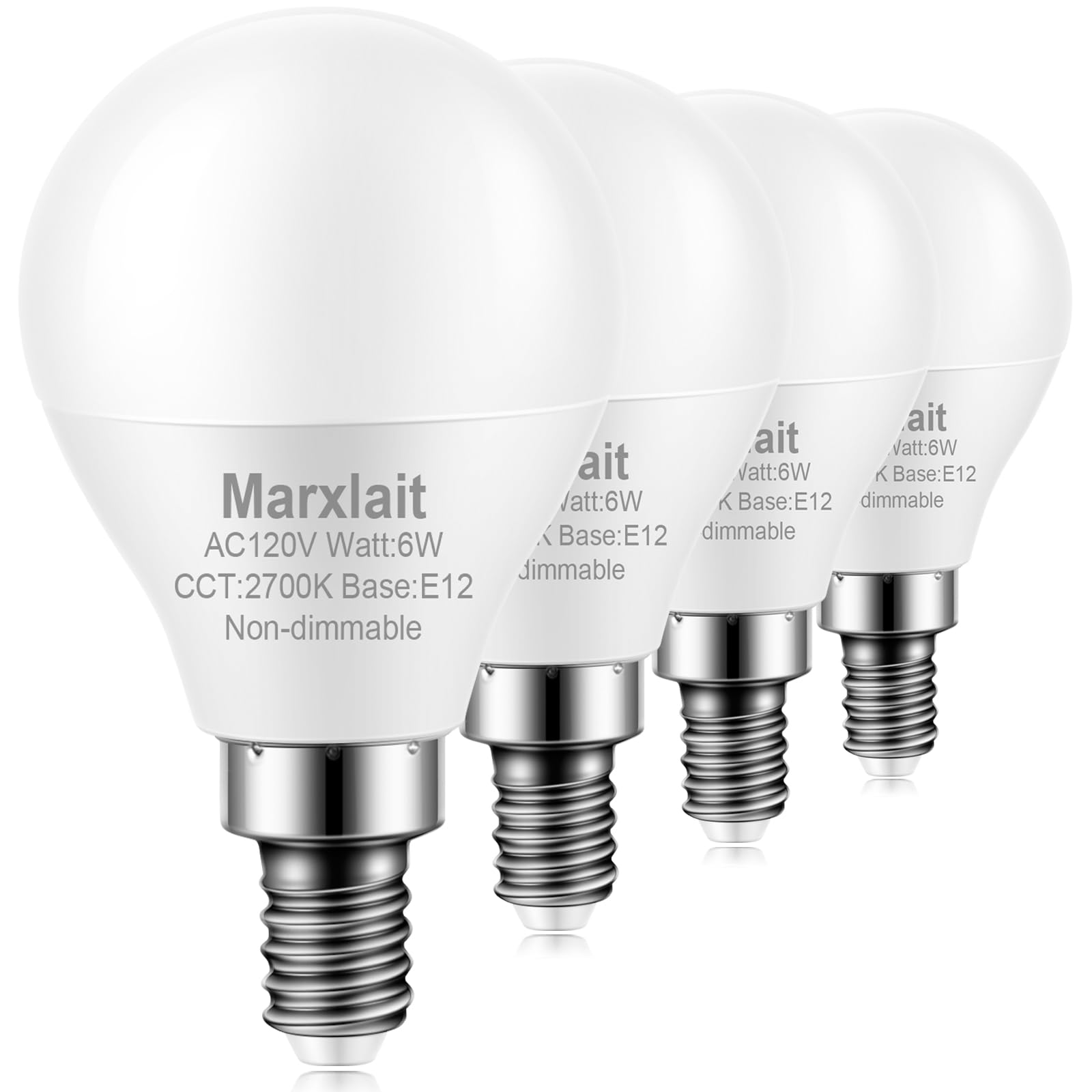 Marxlait 4 Pack E12 Ceiling Fan Light Bulbs, 60W Equivalent, Warm White 2700K, Small Base LED Candelabra Light Bulb, Bright A15 LED Bulb, 120V, Non-dimmable