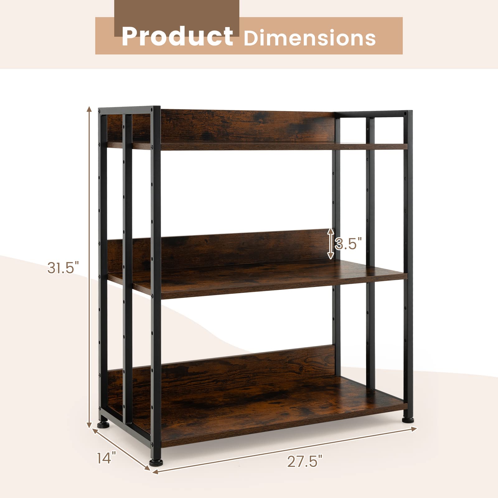 GOFLAME 3-Tier Bookshelf, Tall Bookcase Shelf with Metal Frame, Industrial Floor Storage Shelf Organizer, DIY Shelving Unit Display Rack for Study, Living Room, Kitchen, Rustic Brown