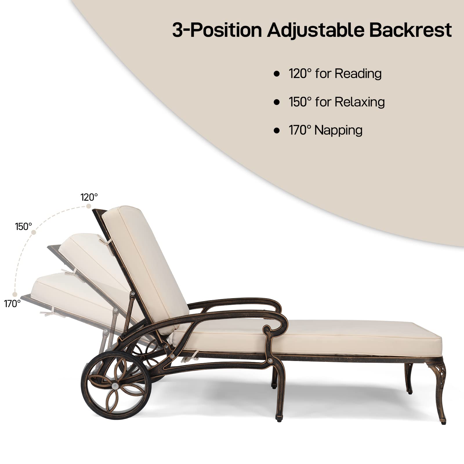 VINGLI Cast Aluminum Outdoor Chaise Lounge Chair with Wheels, Patio Chaise Lounge with 3-Position Adjustable Backrest, Outdoor Tanning Chair Patio Lounge Chair (Bronze, with Cushion)