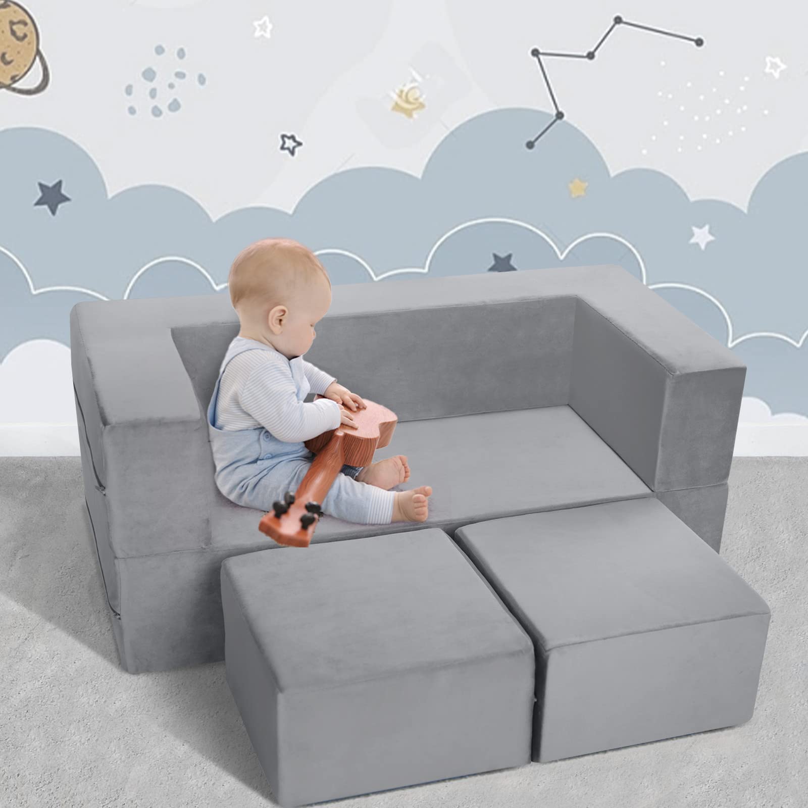 MeMoreCool Modular Kids Play Couch Sofa – Soft Convertible Toddler Couch, Grey Fold-Out Plush Foam Chair for Kids’ Playroom Fun