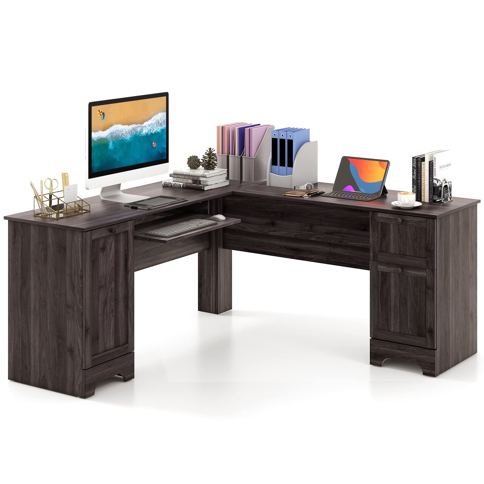 Tangkula L-Shaped Office Desk with Storage Drawers & Keyboard Tray, Home Office Corner Computer Desk with Cabinet & Inner Adjustable Shelf, Space-Saving Study Writing Desk, Computer Workstation