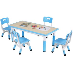 arlopu kids table and 4 chair set, height adjustable toddler table and chair set, non-slip legs, graffiti desktop, large children activity table, reading daycare classroom home (blue)