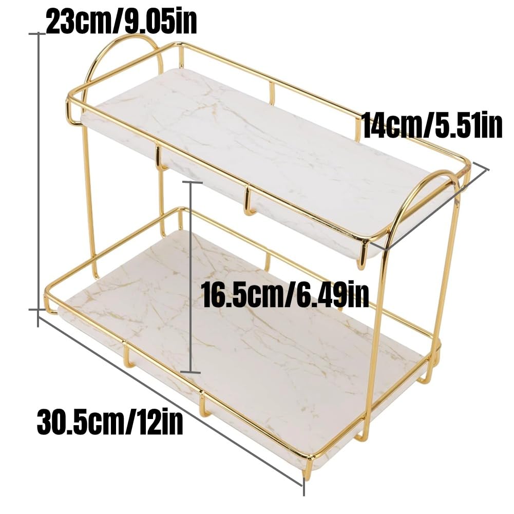 Hilitand 2 Tier Cosmetic Organizer Large Capacity Bathroom Countertop Rack Waterproof Gold Metal Storage Shelf Rack for Bathroom Kitchen Bedroom