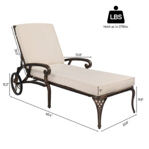 VINGLI Cast Aluminum Outdoor Chaise Lounge Chair with Wheels, Patio Chaise Lounge with 3-Position Adjustable Backrest, Outdoor Tanning Chair Patio Lounge Chair (Bronze, with Cushion)