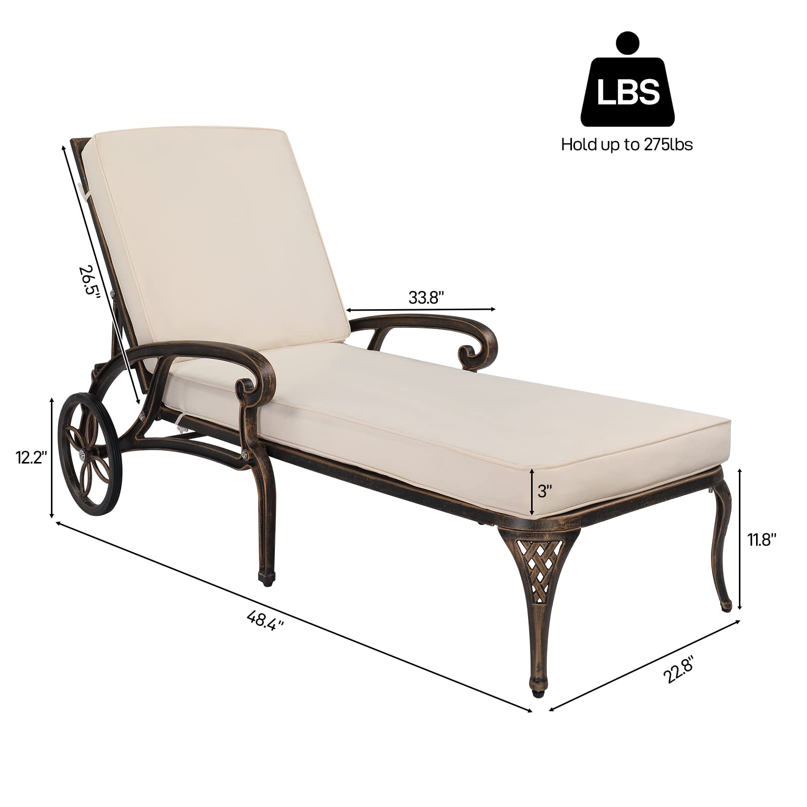 VINGLI Cast Aluminum Outdoor Chaise Lounge Chair with Wheels, Patio Chaise Lounge with 3-Position Adjustable Backrest, Outdoor Tanning Chair Patio Lounge Chair (Bronze, with Cushion)