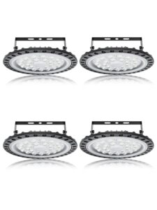 4 pack led high bay light|100w 10000lm ufo led high bay light|6500k daylight led shop light|ip65 waterproof led commercial warehouse area light|led garage light for garage gym factory warehouse