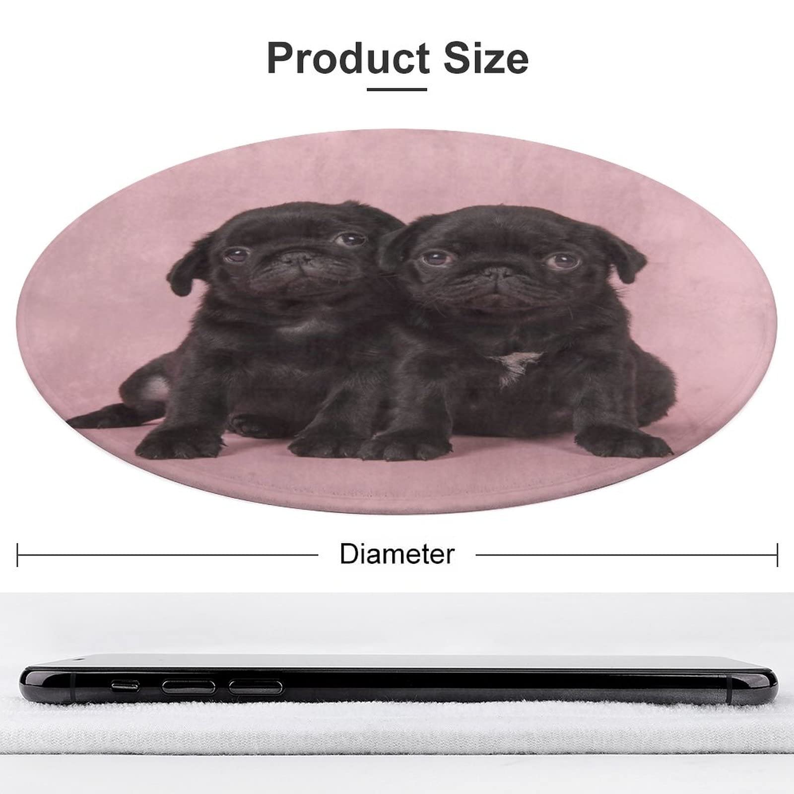 KiuLoam Cute Black Pug Dog Rug Non-Slip Round Area Rug for Bedroom Living Room Study Playing, Sofa Nursery Carpet Floor Mat,80 x 80cm Round