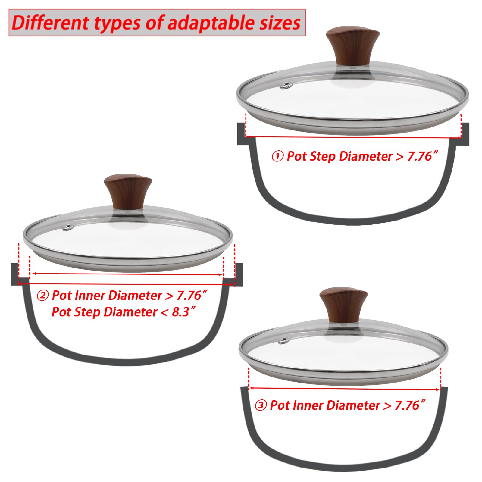 LC LICTOP 8" Tempered Glass Lid 304 Stainless Steel Rim Cookware Cover Replacement for 8-Inch Pan Pot (Heat Resistant Bakelite Knob)