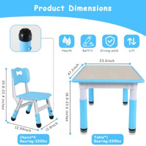 Arlopu Kids Table and 4 Chair Set, Height Adjustable Toddler Table and Chair Set, Non-Slip Legs, Graffiti Desktop, Large Children Activity Table, Reading Daycare Classroom Home (Blue)