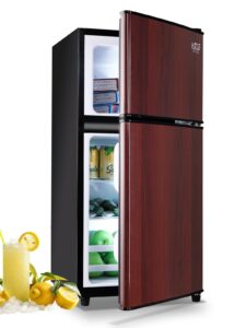 krib bling 3.5 cu.ft refrigerator with freezer,vintage double door,lock fresh energy saving compa,7 level adjustable thermostat ct for dorm, bar, office,kitchen, apartment，wood, kb02 fls-80-wood