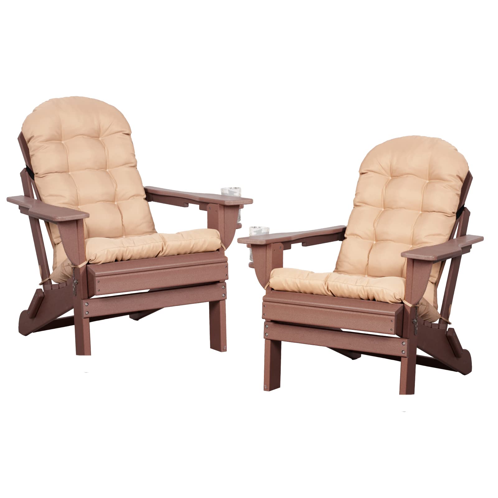 LOENIY Adirondack Chairs Set of 2 with Cushions & Cup Holders, HDPE Weather Resistant Folding Adirondack Chair for Adults, Outdoor Fire Pit Chairs for Patio/Porch/Swimming Pool/Garden (2, Brown)