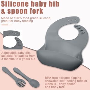 10 Pcs Baby Led Weaning Supplies, Silicone Baby Feeding Set with Divided Plate Adjustable Bib Suction Bowl Soft Spoon Fork, Toddler Self Eating Utensil Set (Khaki, Dark Gray)