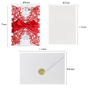 KALOPEZY 25PCS Wedding Invitation Red invitations Red Powder Floral Laser Cut with Blank Inner Sheet Envelopes and Ribbons for Wedding Engagement Bridal Bridal Shower Invite