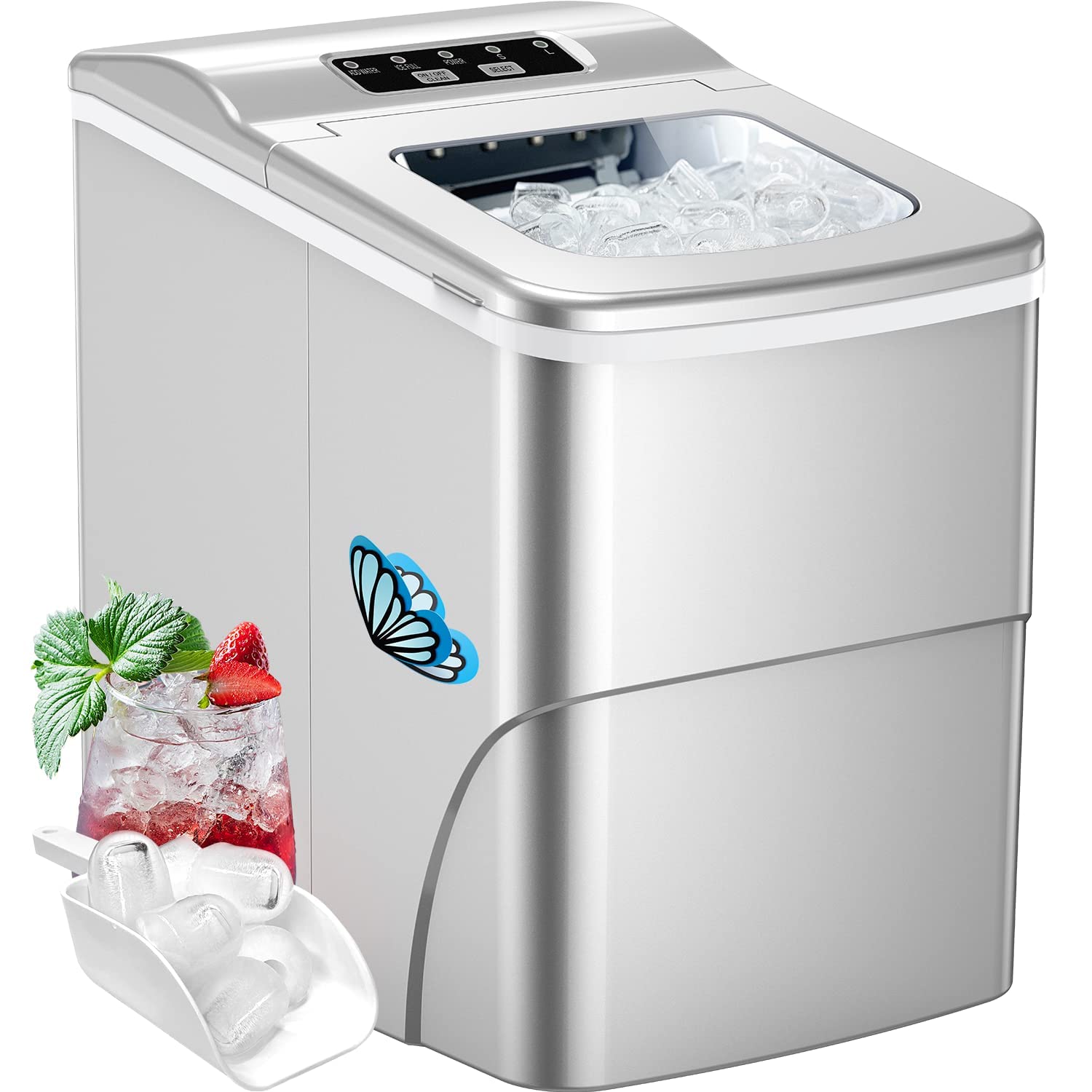 Ice Makers Countertop - Silonn Portable Ice Maker Machine for Countertop, Make 26 lbs Ice in 24 hrs, 2 Sizes of Bullet-Shaped Ice with Ice Scoop and Basket, Grey