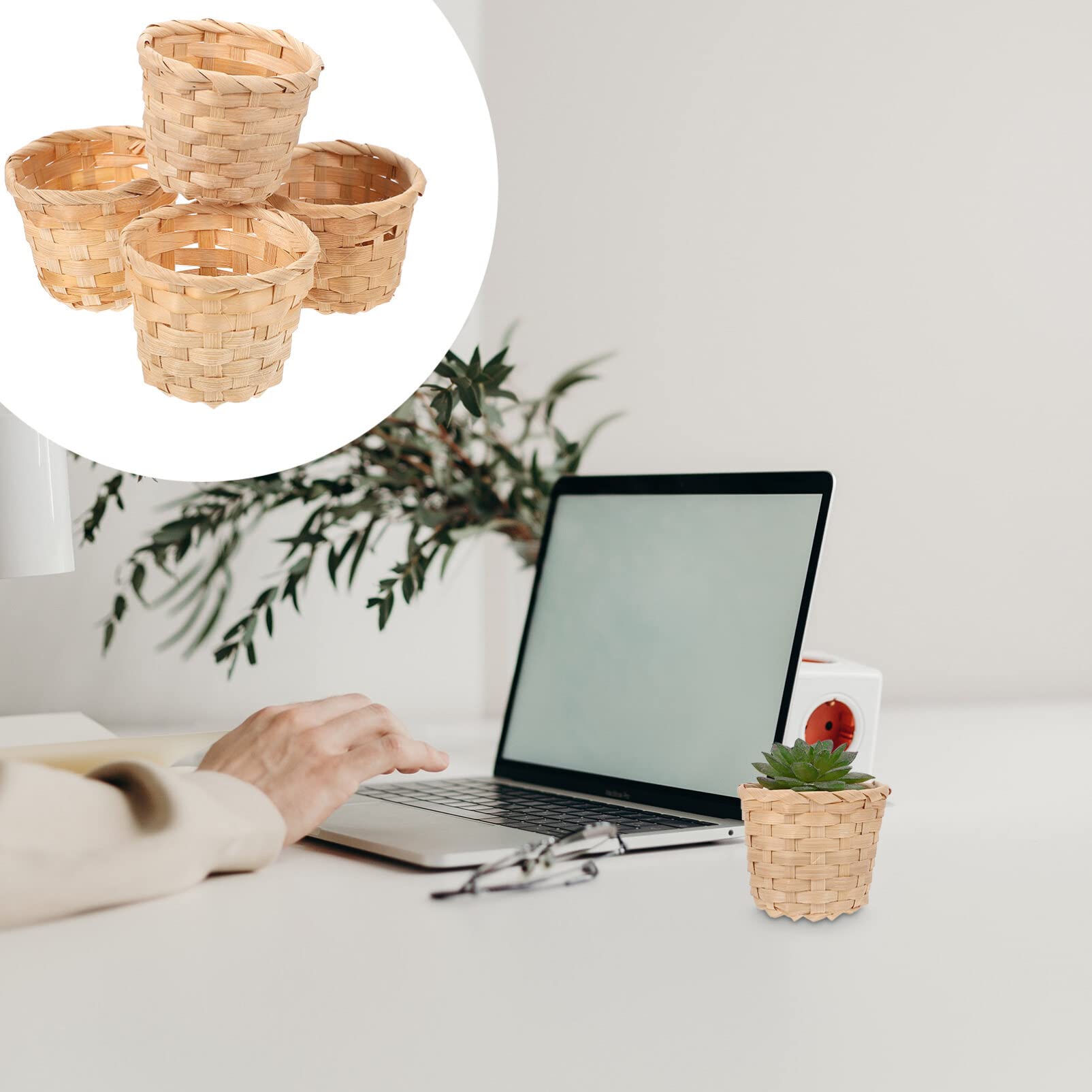 10pcs Small Basket Desktop Small Flower Pot Wicker Basket Woven Basket Succulent Planters Basket Pencil Holder Wicker Desk Organizer for Desktop Storage, 7.5x7.5x6cm