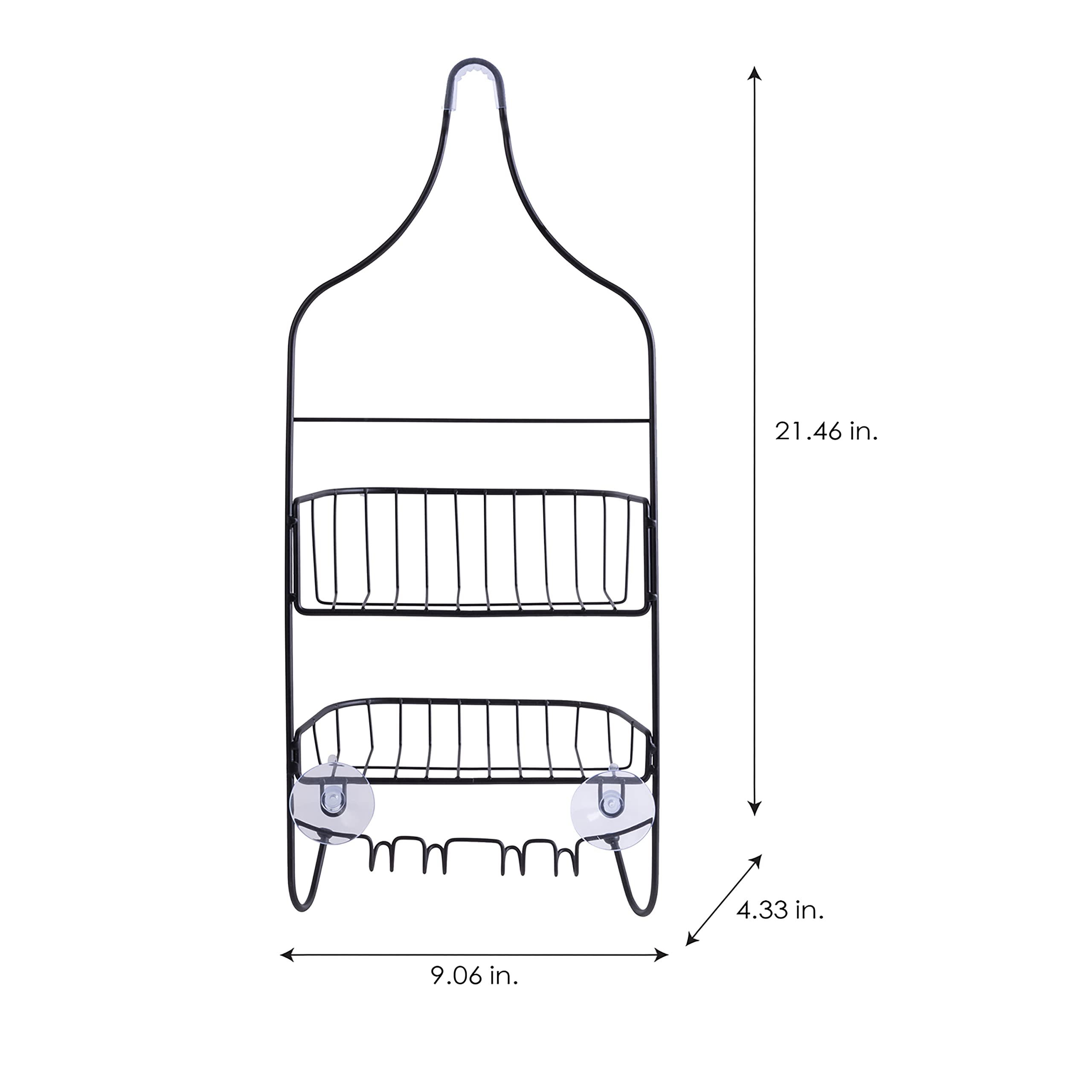 Bath Bliss Contour Shower Caddy | Dimensions: 9"x 4.3"x 21.5" | Hangs Over The Showerhead | Suction Cup Backing | All In One Caddy | Holds Shampoo | Conditioner | Lotion | Soap | Matte Black