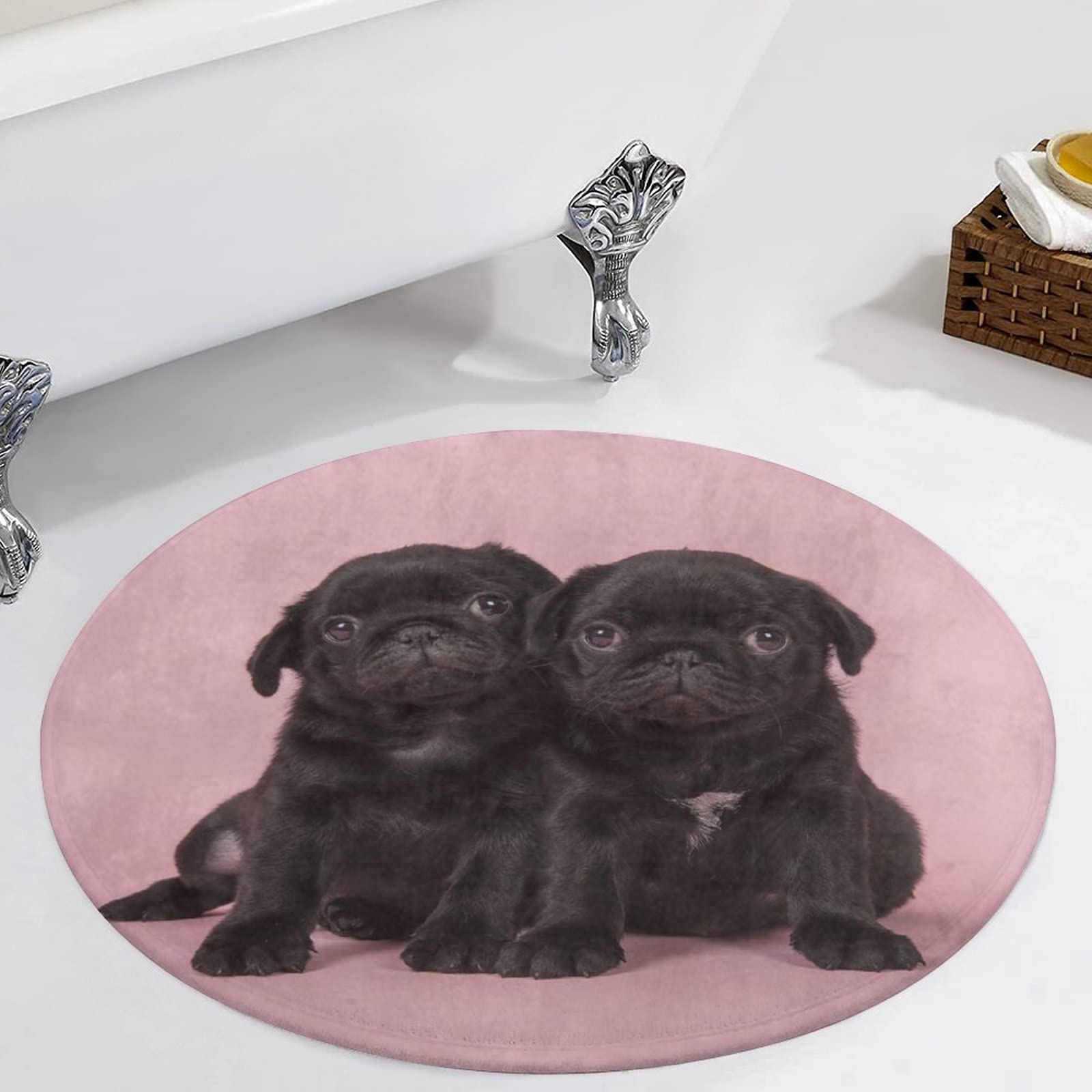 KiuLoam Cute Black Pug Dog Rug Non-Slip Round Area Rug for Bedroom Living Room Study Playing, Sofa Nursery Carpet Floor Mat,80 x 80cm Round