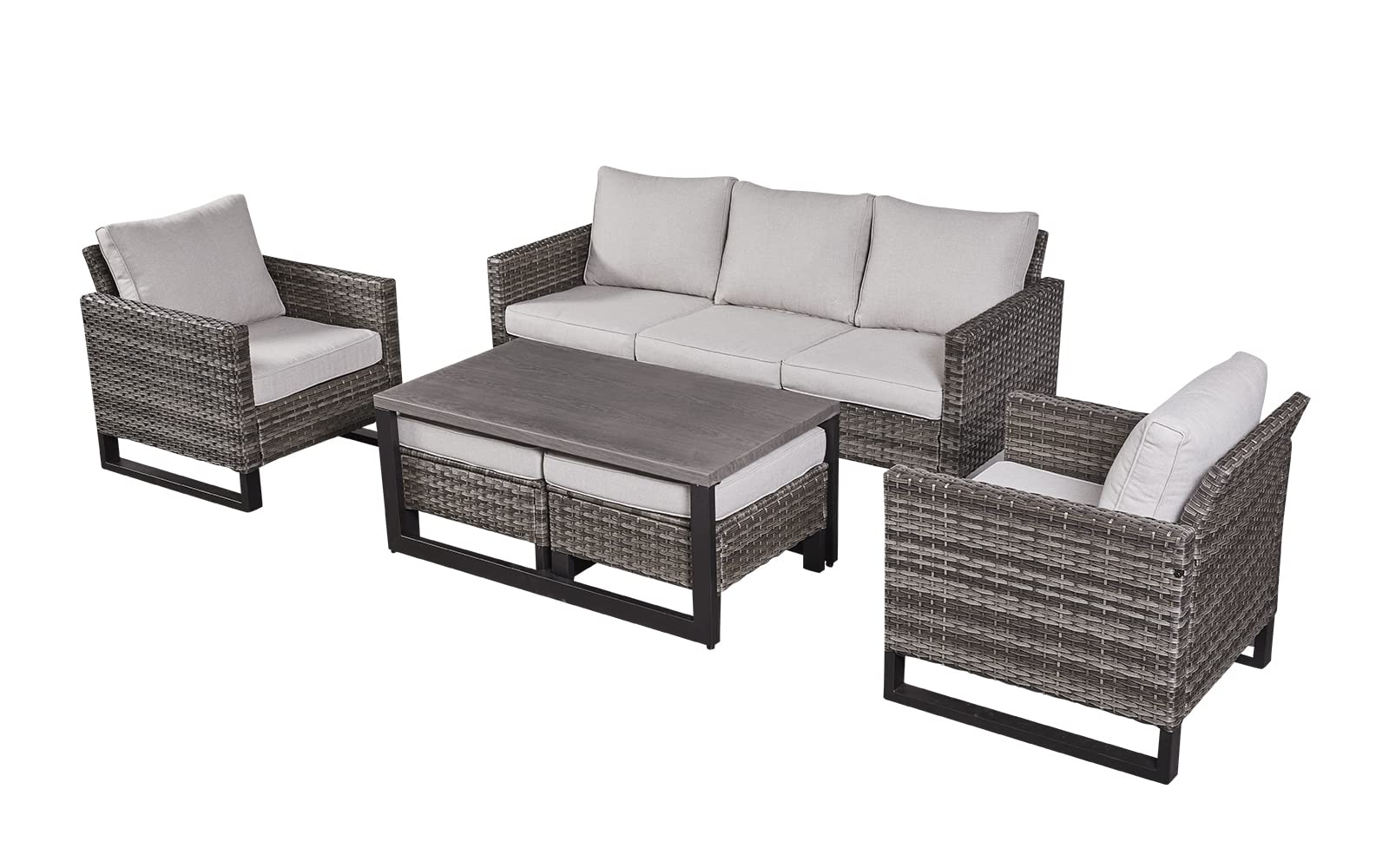 HUMMUH 6 Piece Patio Furniture All Weather Wicker Outdoor Sectional Sofa,High Back Patio Chairs,Coffee Table and Ottomans Set for Porch,Garden,Backyard