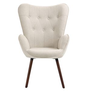 FurnitureR Armchair Living Room Chair, Velvet Upholstered Wingback Accent Chair, Tufted Vanity Chair High Back Solid Wood Legs Lounge Leisure Chair, Beige