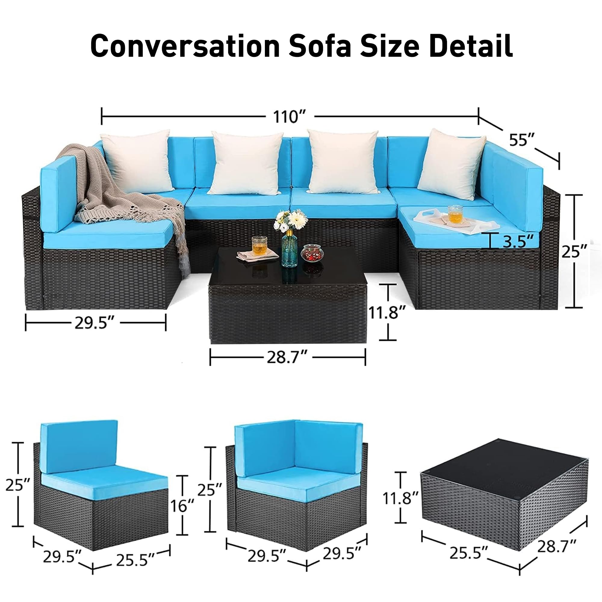 Pamapic 8 Pieces Patio Conversation Sets with fire Pit, Patio Furniture Sectional Sofa with Gas Fire Pit Table(Black Wicker,Blue Cushions)