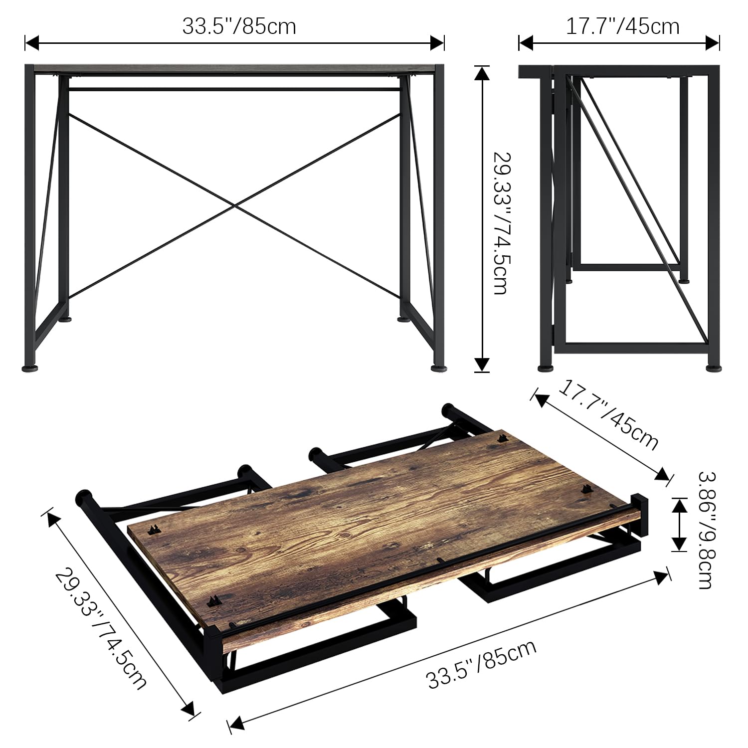 4NM 33.5" Small Folding Desk,Home Office Computer Desk Foldable Desk for Small Spaces,Space Saving Portable Desk Craft Table Study Writing Workstation Easy Assembly, Rustic Brown and Black