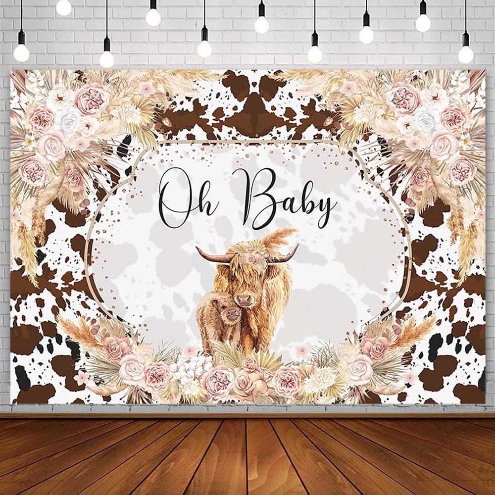 AIBIIN 7x5ft Highland Cow Baby Shower Backdrop Holy Cow Oh Baby Party Decorations for Boys Girls Pink Boho Floral Brown Highland Cattle Farm Photography Background Banner Photo Props