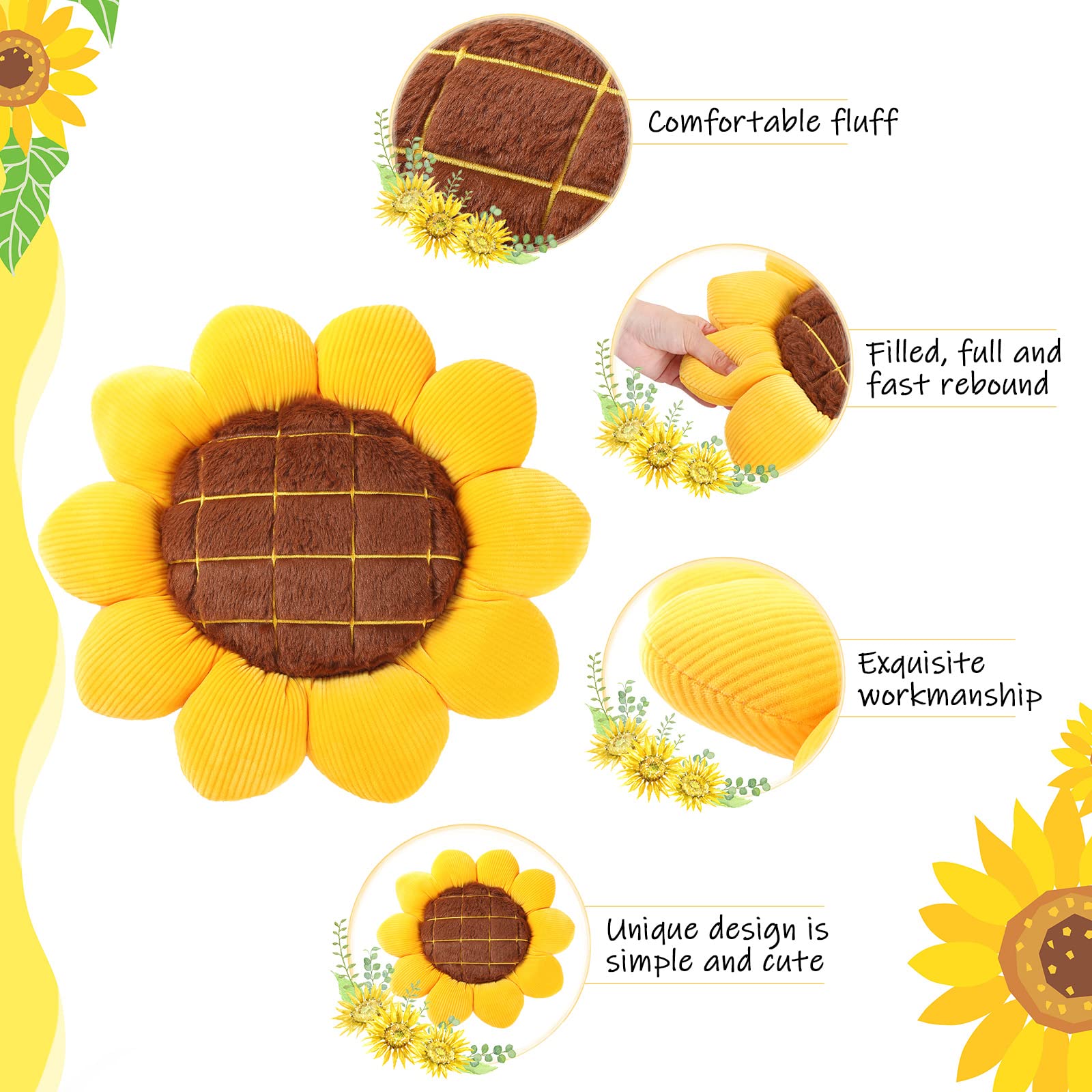 Coume 2 Pieces 3D Sunflower Flower Floor Pillow Seating Cushion Mat Sunflower Throw Pillow Yellow Sunflower Shaped Chair Pads Decorative Plush for Bed Car Couch Chair Sofa Office Girls Gifts (19 Inch)