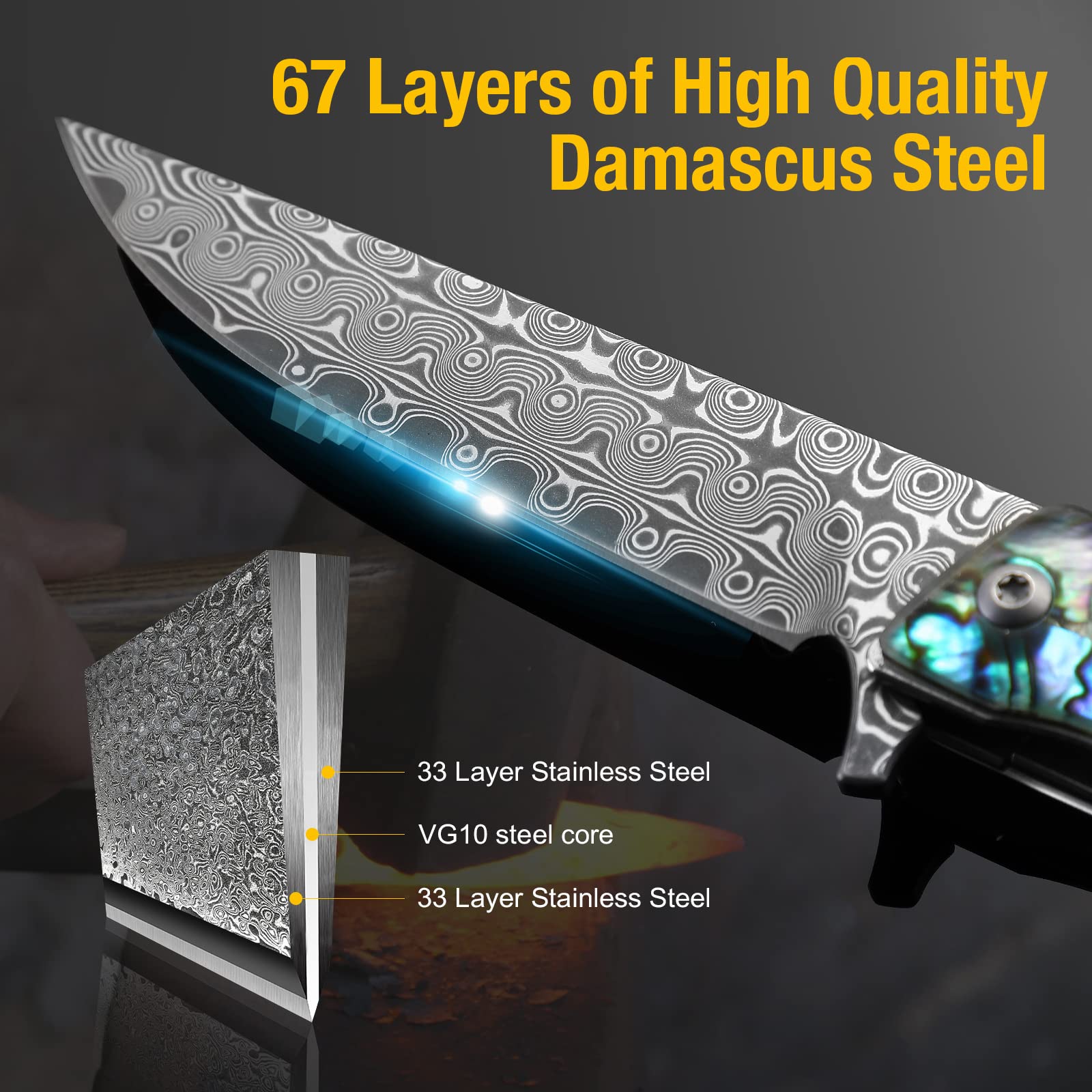 AUGENWEIDE Damascus Steel Pocket Knife, Abalone Handle, Damascus Knife with for Men, Great As Father's Valentine's Day Christmas Day Gift (C-ONLY A KNIFE)