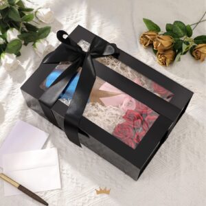 PACKQUEEN Large Black Gift Box with Window, 13.5x9x4.1 Inches Clear Gift Box for Present Contains Ribbon, Card, Groomsman Proposal Box, Extra Large Gift Box with Magnetic Lid (Glossy Black)