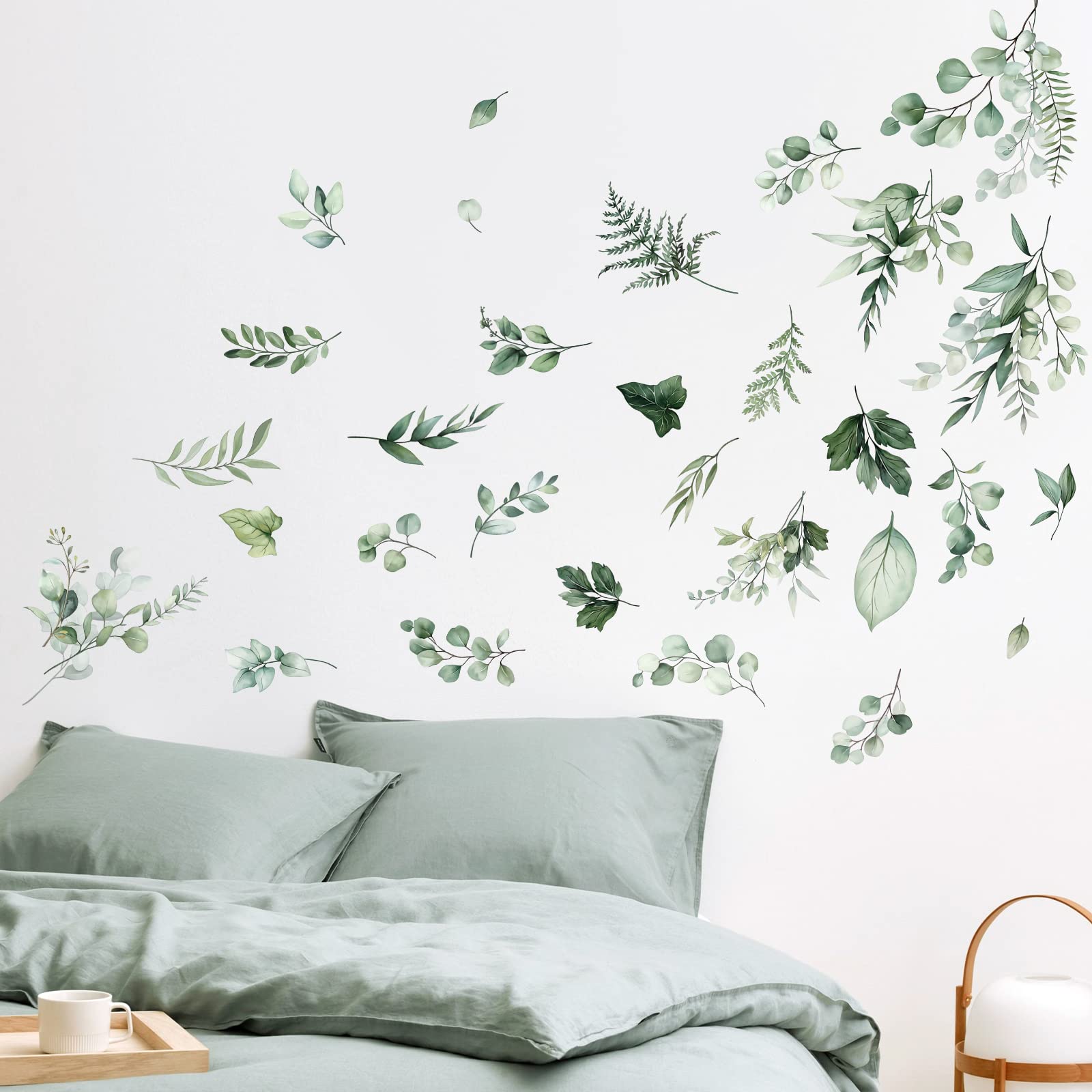 decalmile Botanical Green Leaves Wall Stickers Eucalyptus Leaf Plants Wall Art Decals Bedroom Living Room TV Background Wall Decor