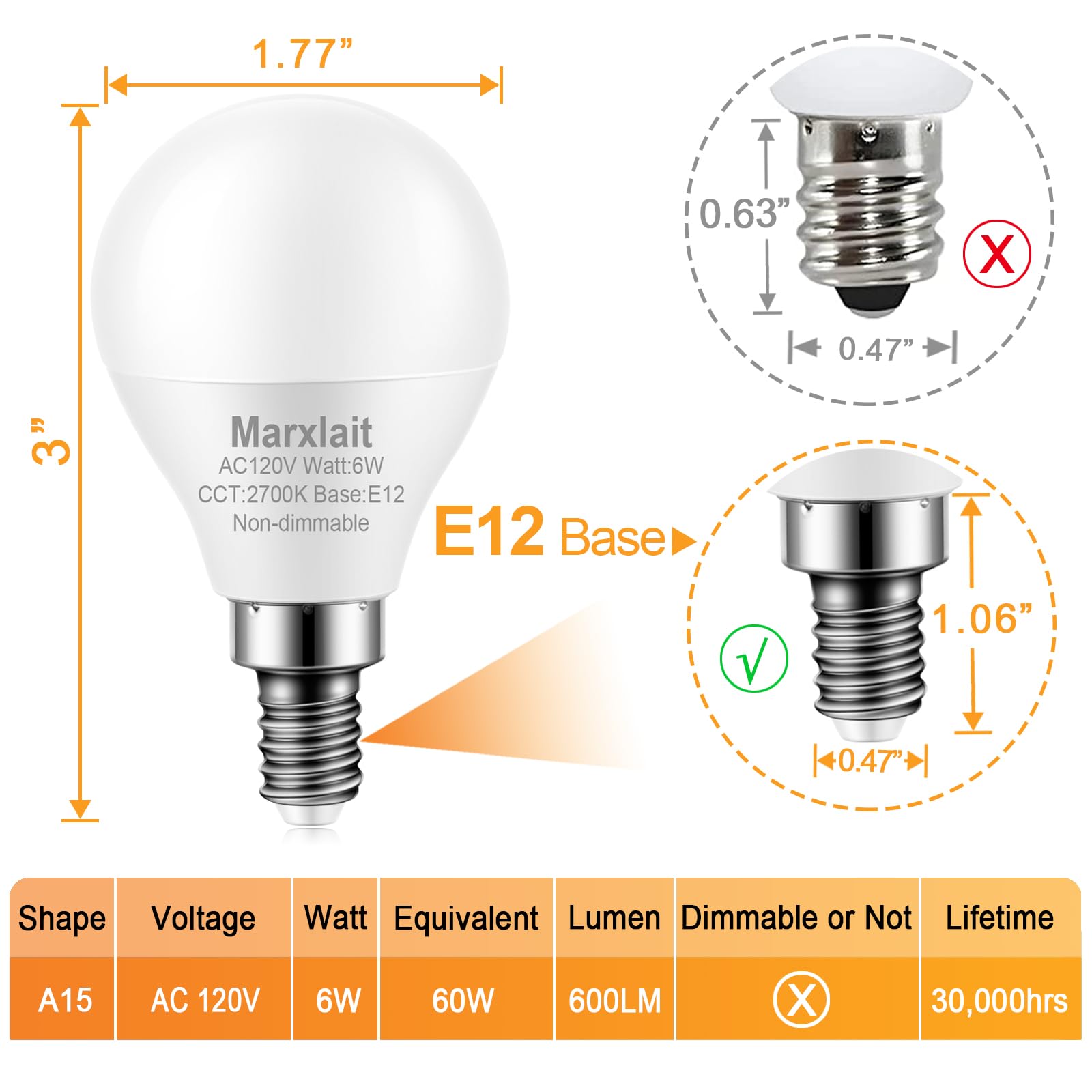 Marxlait 4 Pack E12 Ceiling Fan Light Bulbs, 60W Equivalent, Warm White 2700K, Small Base LED Candelabra Light Bulb, Bright A15 LED Bulb, 120V, Non-dimmable