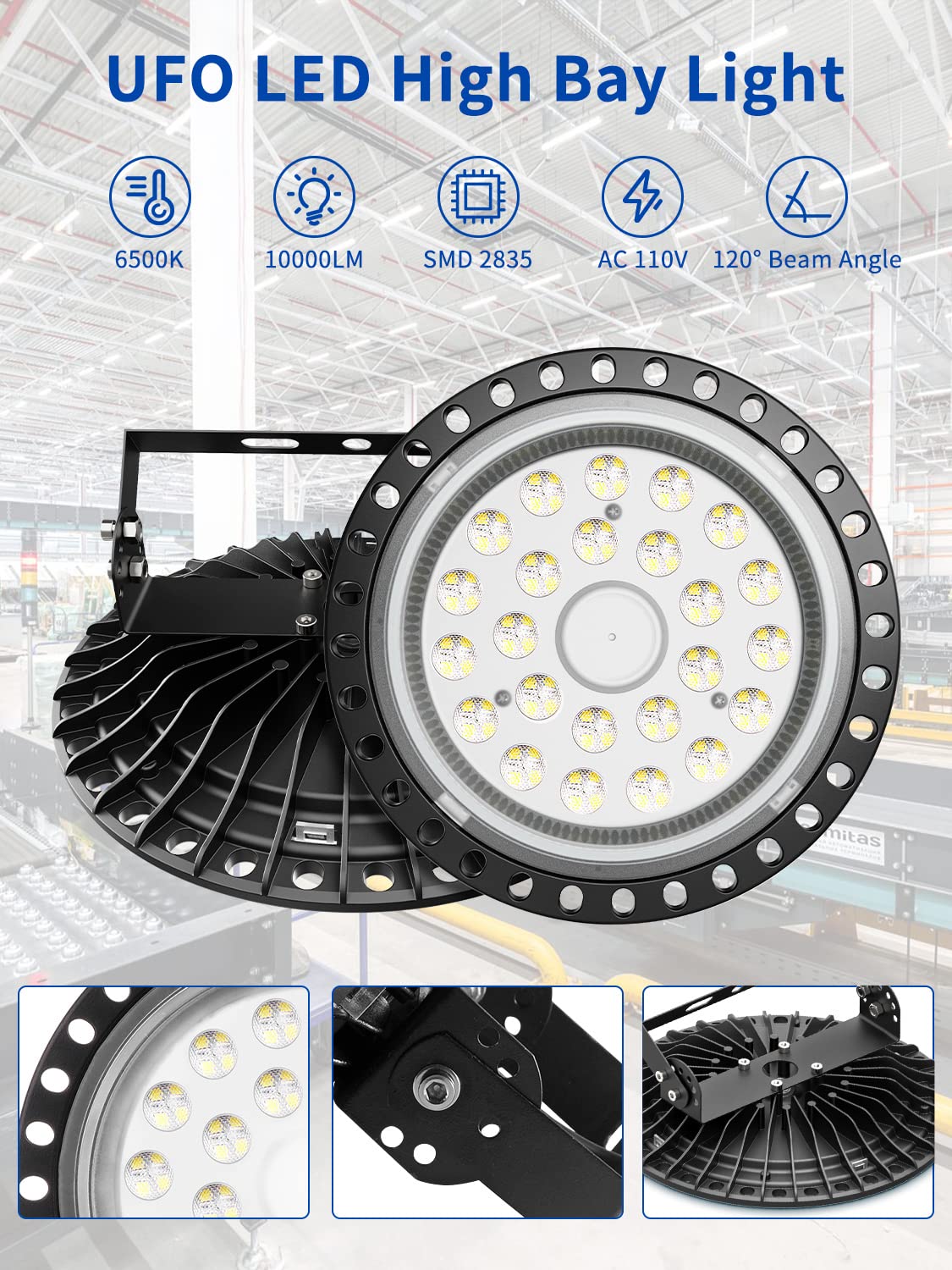 4 Pack LED High Bay Light|100W 10000LM UFO LED High Bay Light|6500K Daylight LED Shop Light|IP65 Waterproof LED Commercial Warehouse Area Light|LED Garage Light for Garage Gym Factory Warehouse