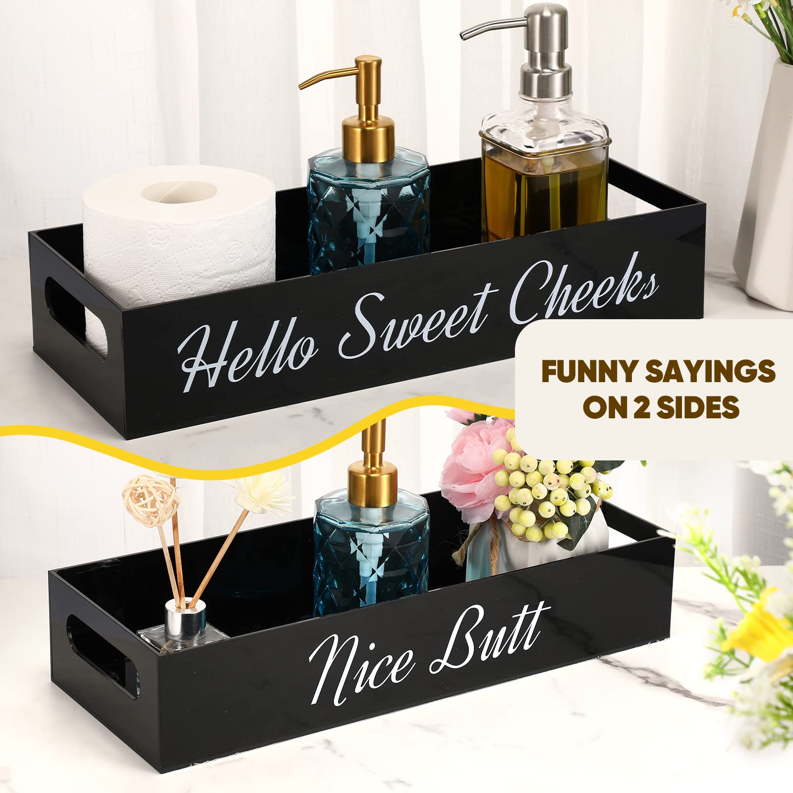 Acrylic Bathroom Tray for Counter Toilet Paper Basket 2 Side with Funny Saying Hello Sweet Cheeks Bathroom Box Black Toilet Tank Tray Countertop Organizer Farmhouse Decor for Tissues Candle Soap Towel