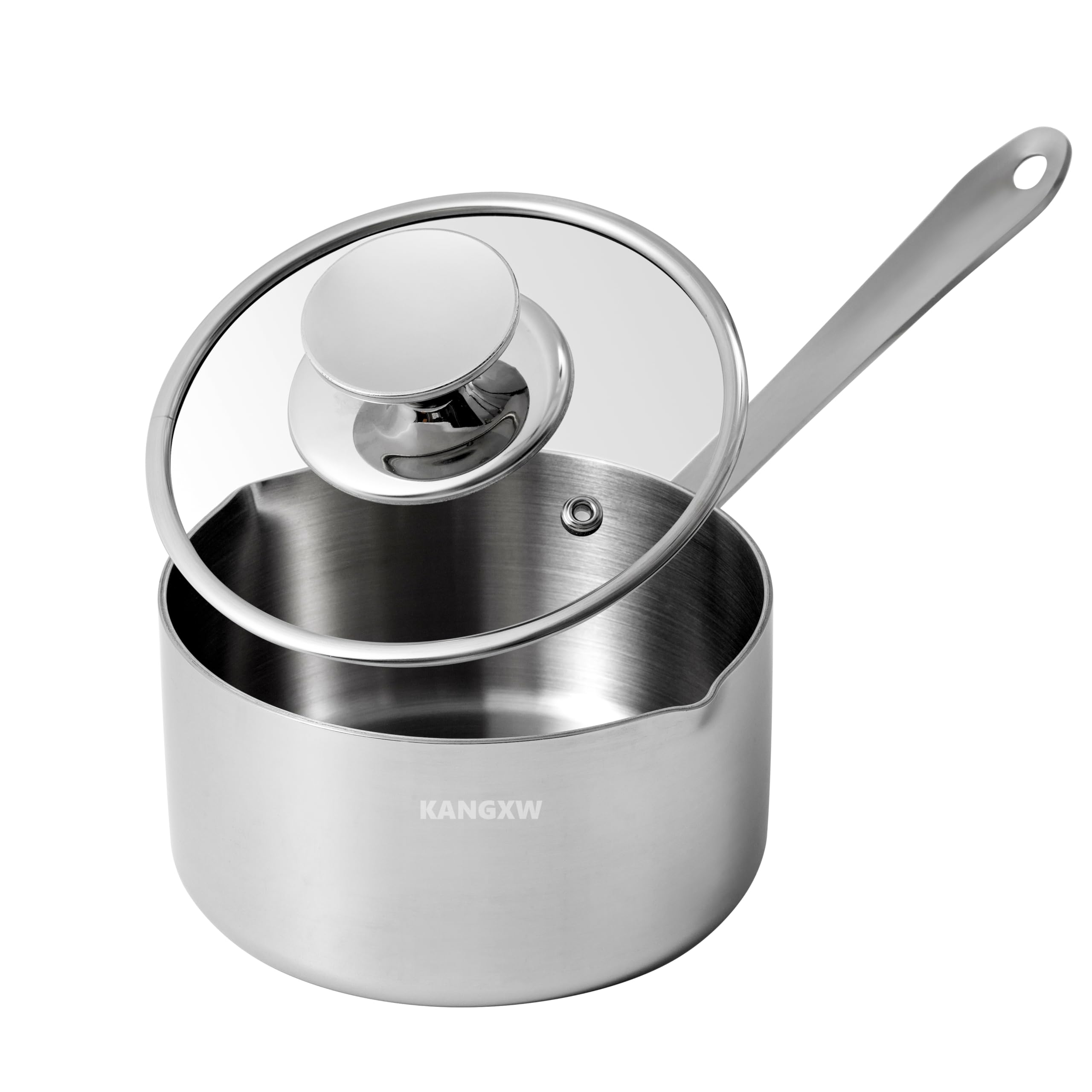 KANGXW 316L Stainless Steel Saucepans, 1.0 Quart Pan, With Pour Spout and Filter Glass Lid, Boiling Milk Pots, Sauce, Gravy, Butter Melting Pot(1.0qt)