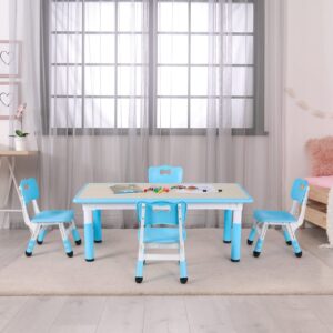 Arlopu Kids Table and 4 Chair Set, Height Adjustable Toddler Table and Chair Set, Non-Slip Legs, Graffiti Desktop, Large Children Activity Table, Reading Daycare Classroom Home (Blue)